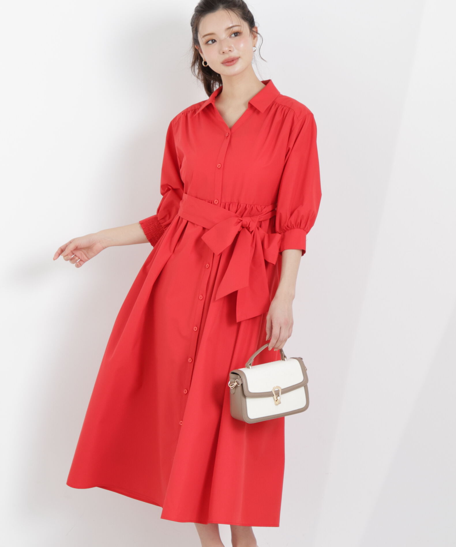 PROPORTION BODY DRESSING「リボン付きシャツワンピース　26SS」|ワンピース|レッド