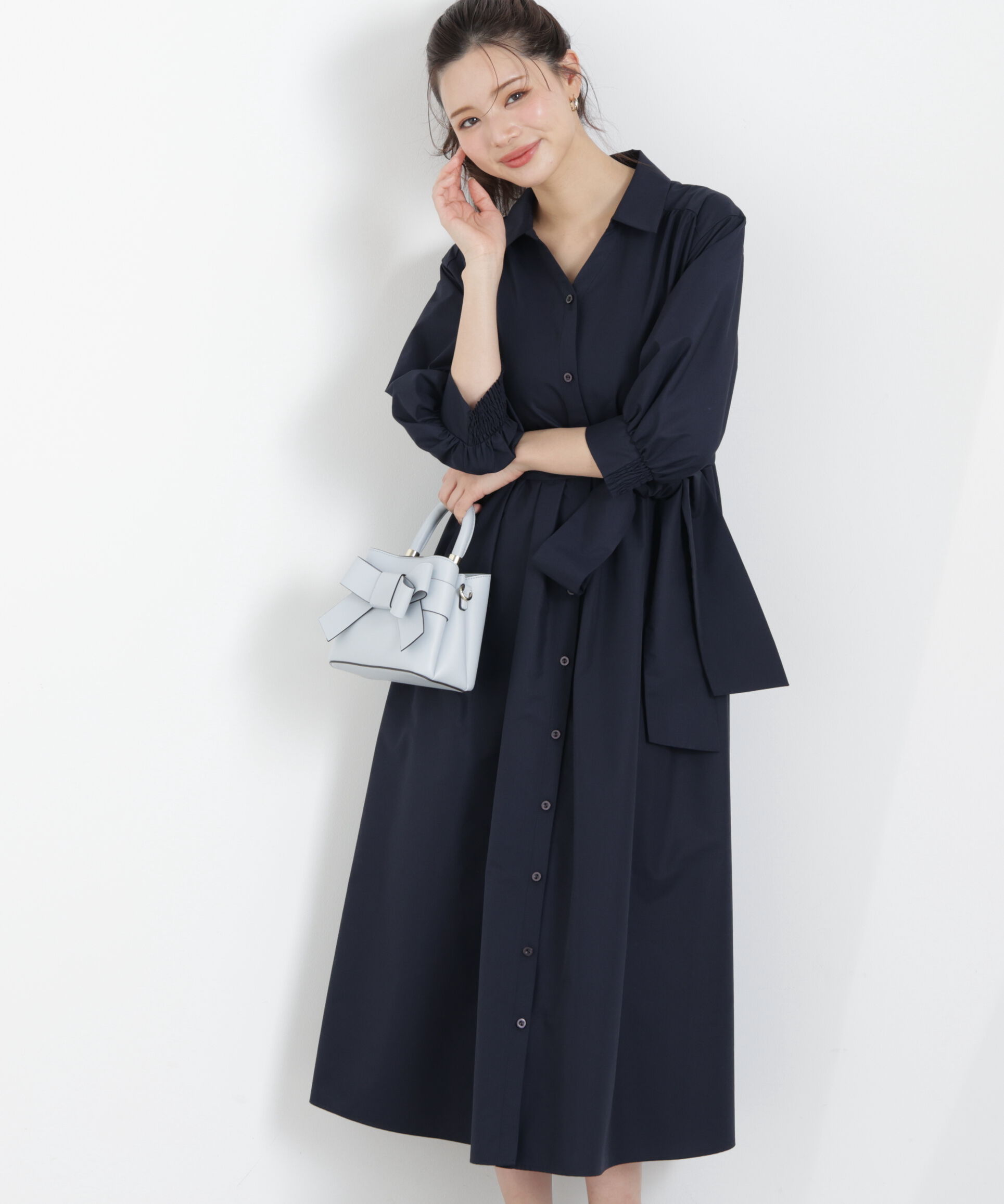 PROPORTION BODY DRESSING「リボン付きシャツワンピース　26SS」|ワンピース|ネイビー