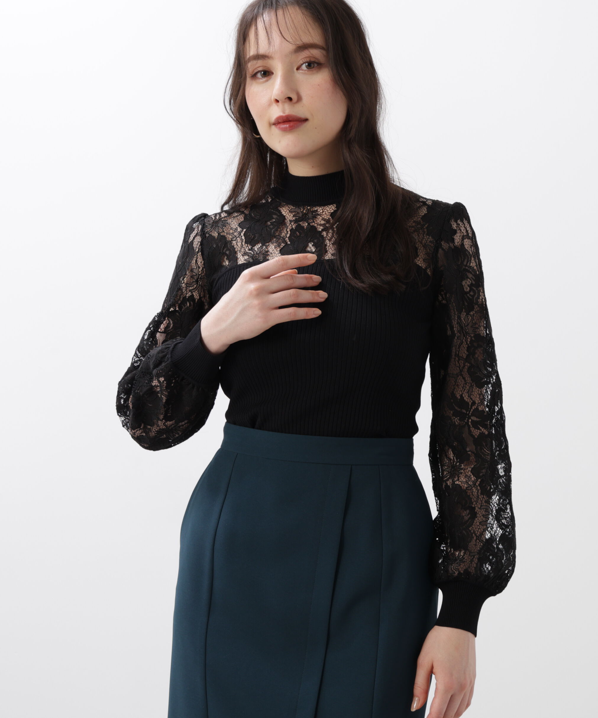  「◆レースコンビモックネックニットプルオーバー」|ニット・セーター|