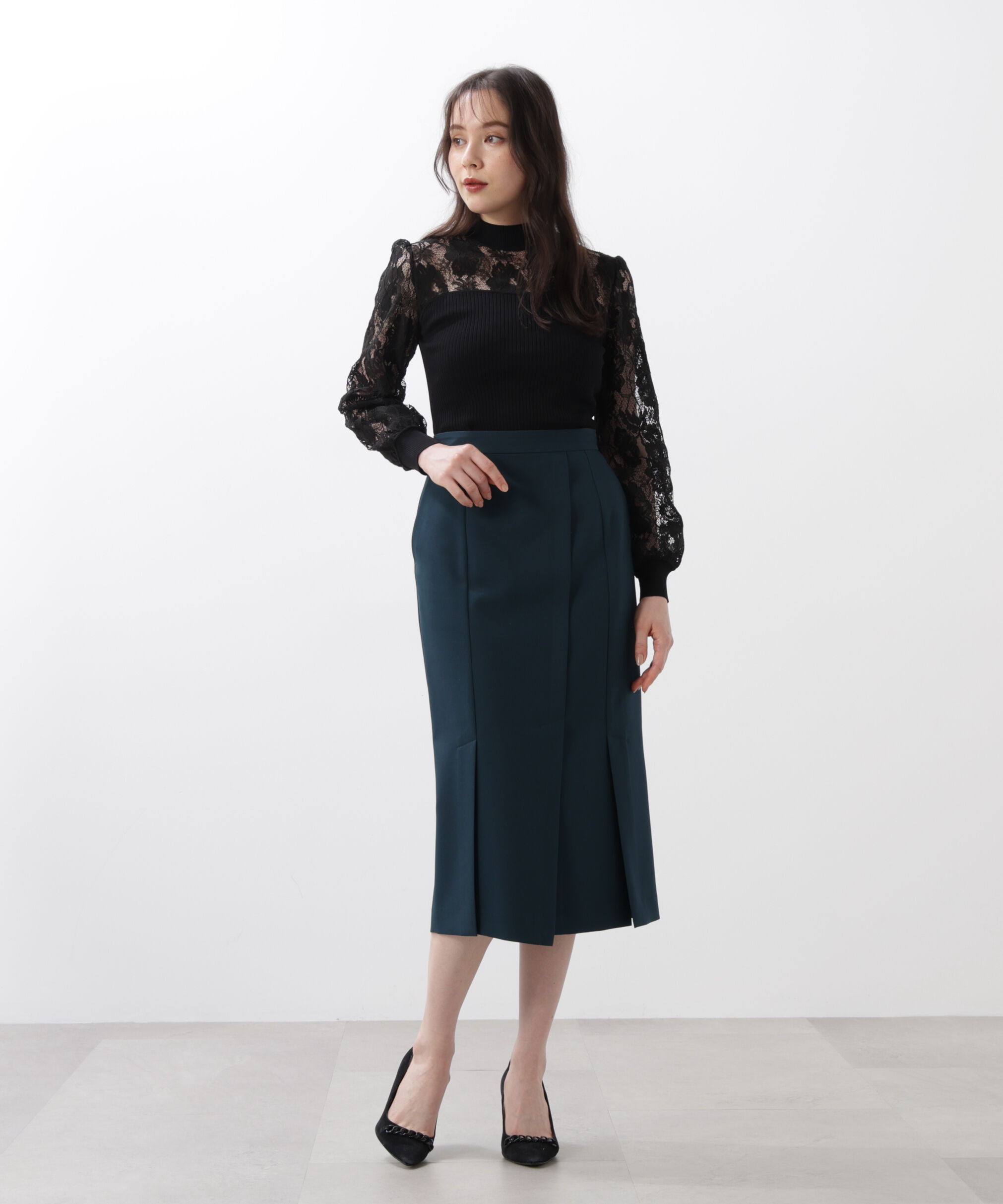  「◆レースコンビモックネックニットプルオーバー」|ニット・セーター|