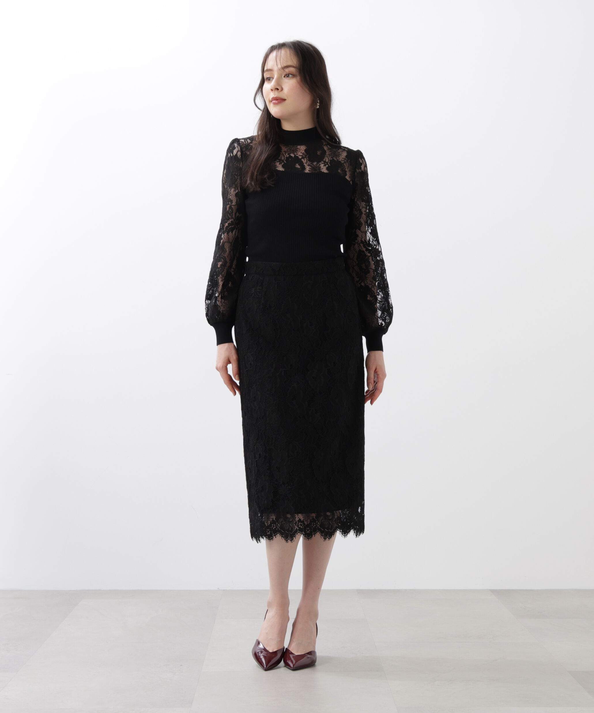  「◆レースコンビモックネックニットプルオーバー」|ニット・セーター|