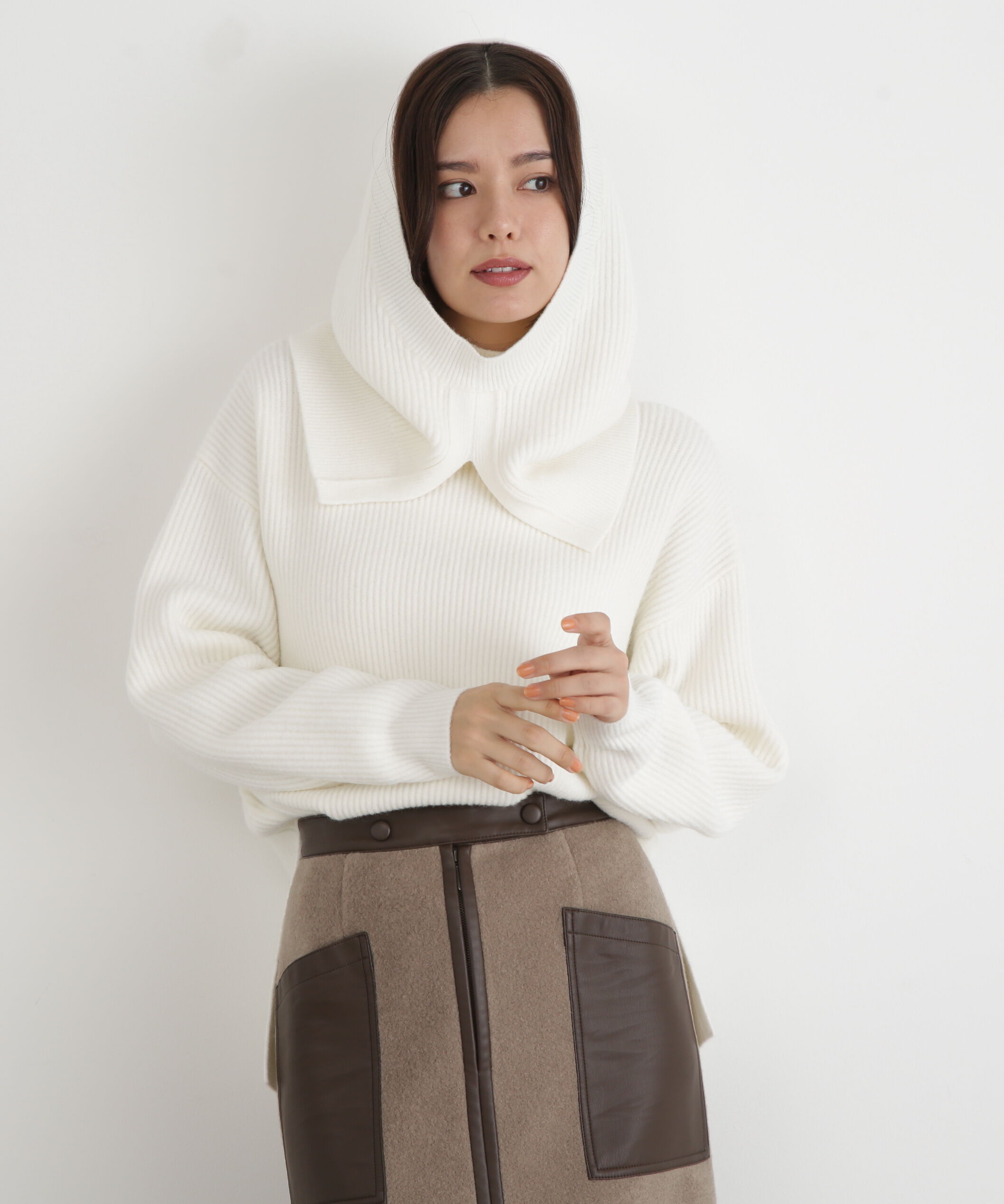  「◆フードスヌード付きニットプルオーバー」|ニット・セーター|