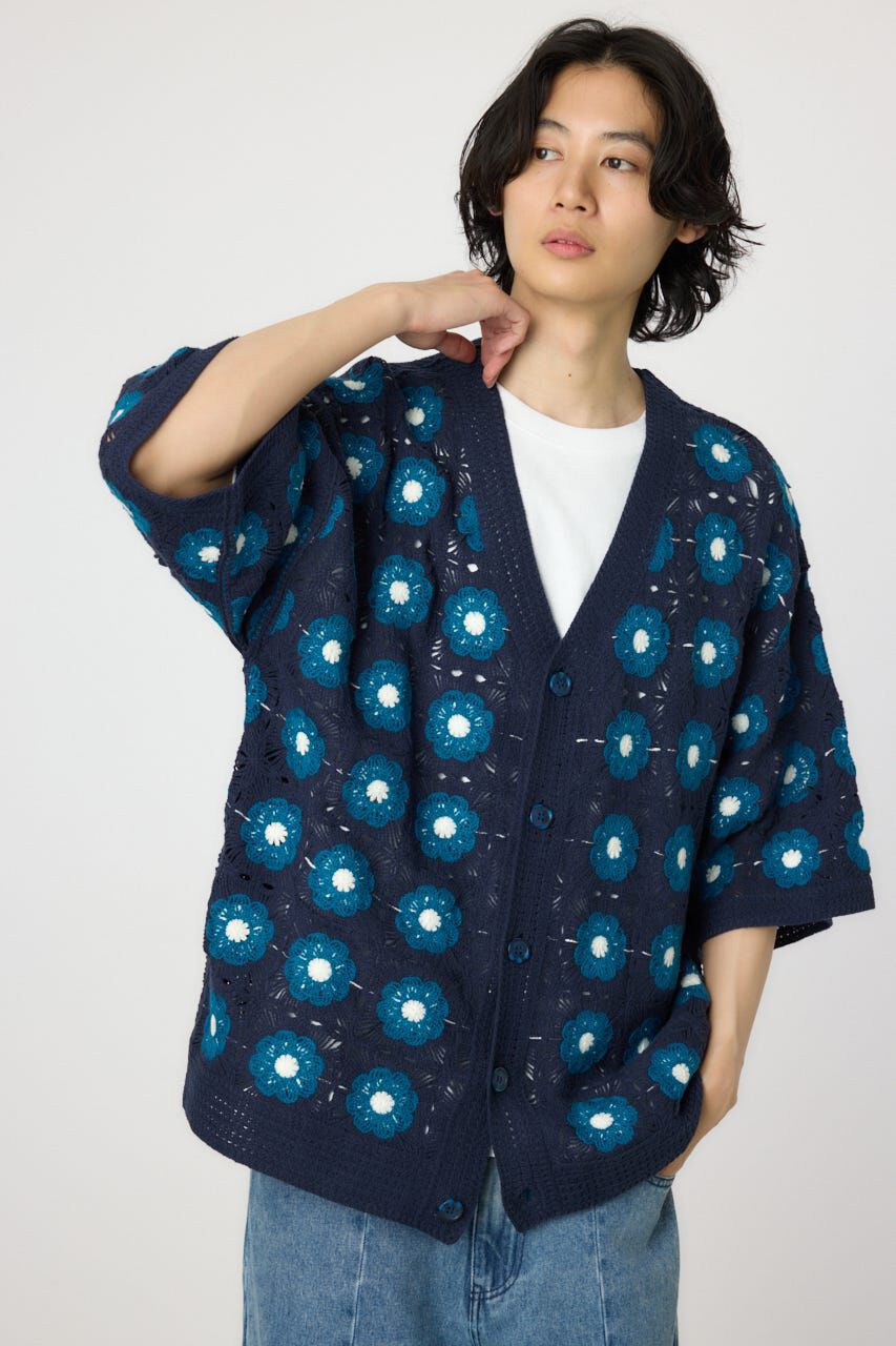 RODEO CROWNS「クロシェフラワー半袖ニットカーディガン」|カーディガン|NVY