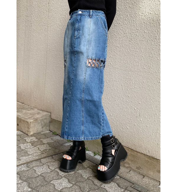 MURUA「ツイストレースアップデニムスカート」|スカート|ブルー