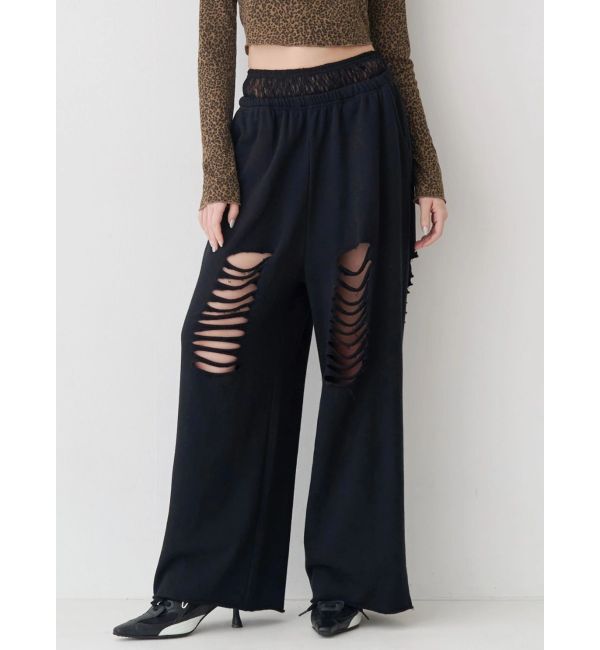 EVRIS「レースドッキングダメージスウェットワイドパンツ【セットアップ着用可能】」|その他|ブラック