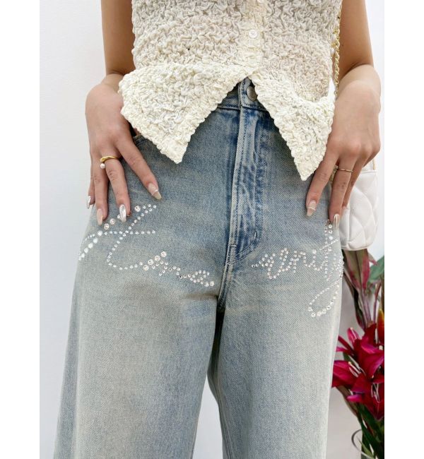 EVRIS「ラインストーンワイドデニムパンツ」|デニム|アイスブルー