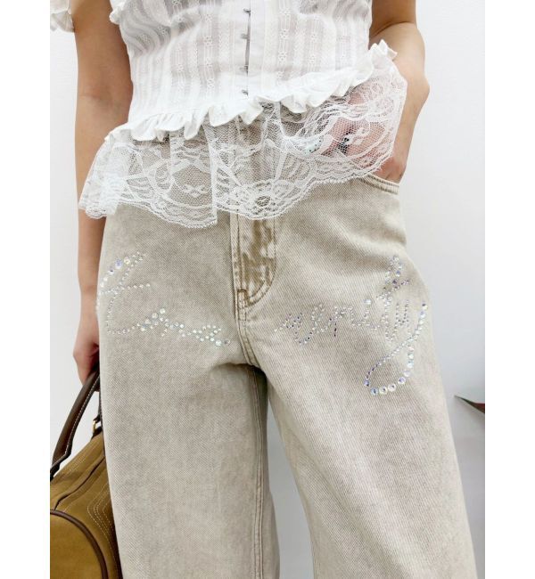 EVRIS「ラインストーンワイドデニムパンツ」|デニム|