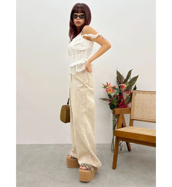 EVRIS「ラインストーンワイドデニムパンツ」|デニム|