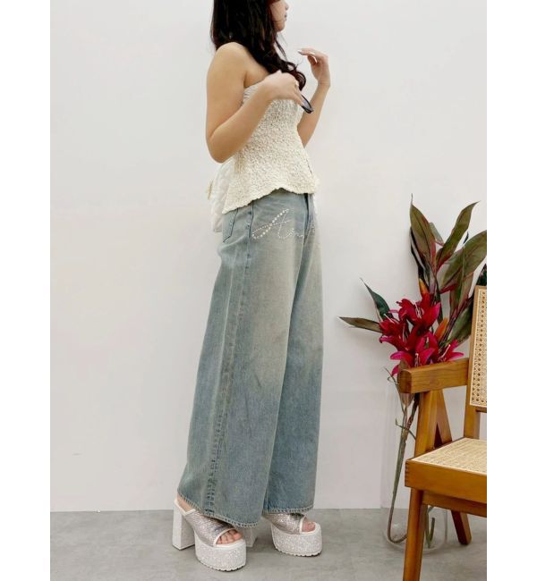 EVRIS「ラインストーンワイドデニムパンツ」|デニム|