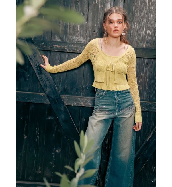 EVRIS「ラインストーンワイドデニムパンツ」|デニム|