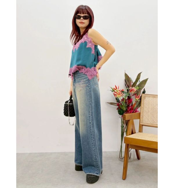 EVRIS「ラインストーンワイドデニムパンツ」|デニム|