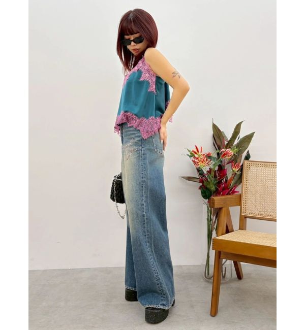 EVRIS「ラインストーンワイドデニムパンツ」|デニム|