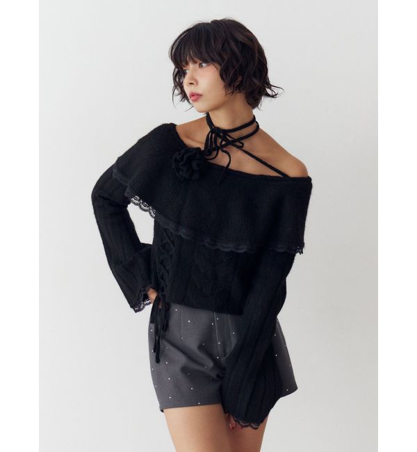 jouetie「フリルレースオフショルトップス」|ニット・セーター|ブラック