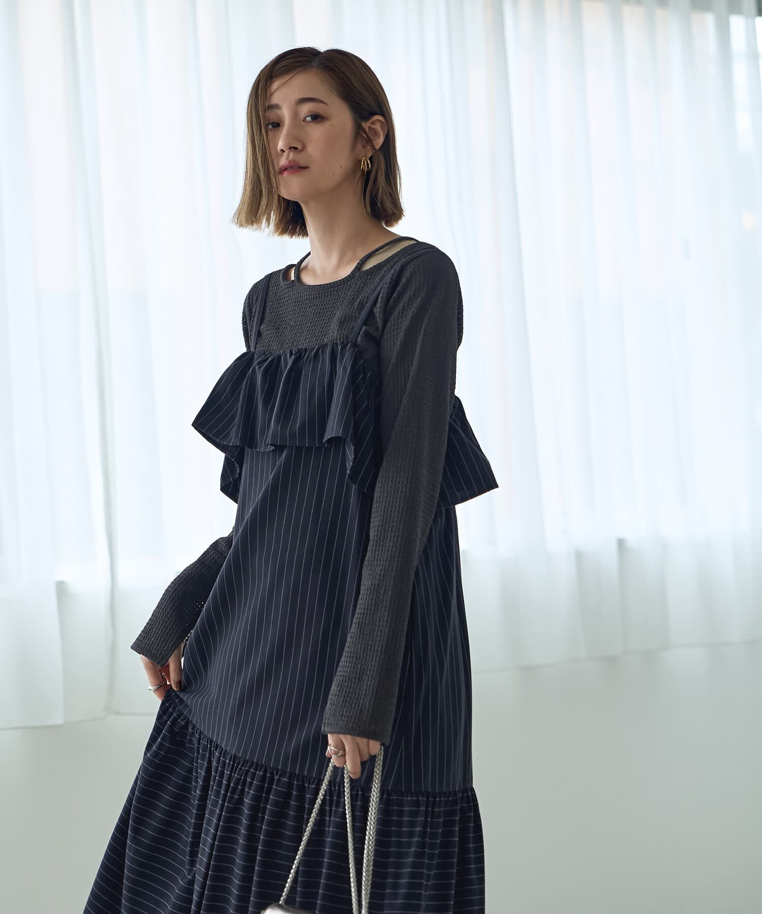 STYLE DELI「ピンストライプ柄キャミ型ジャンパースカート」|ワンピース|