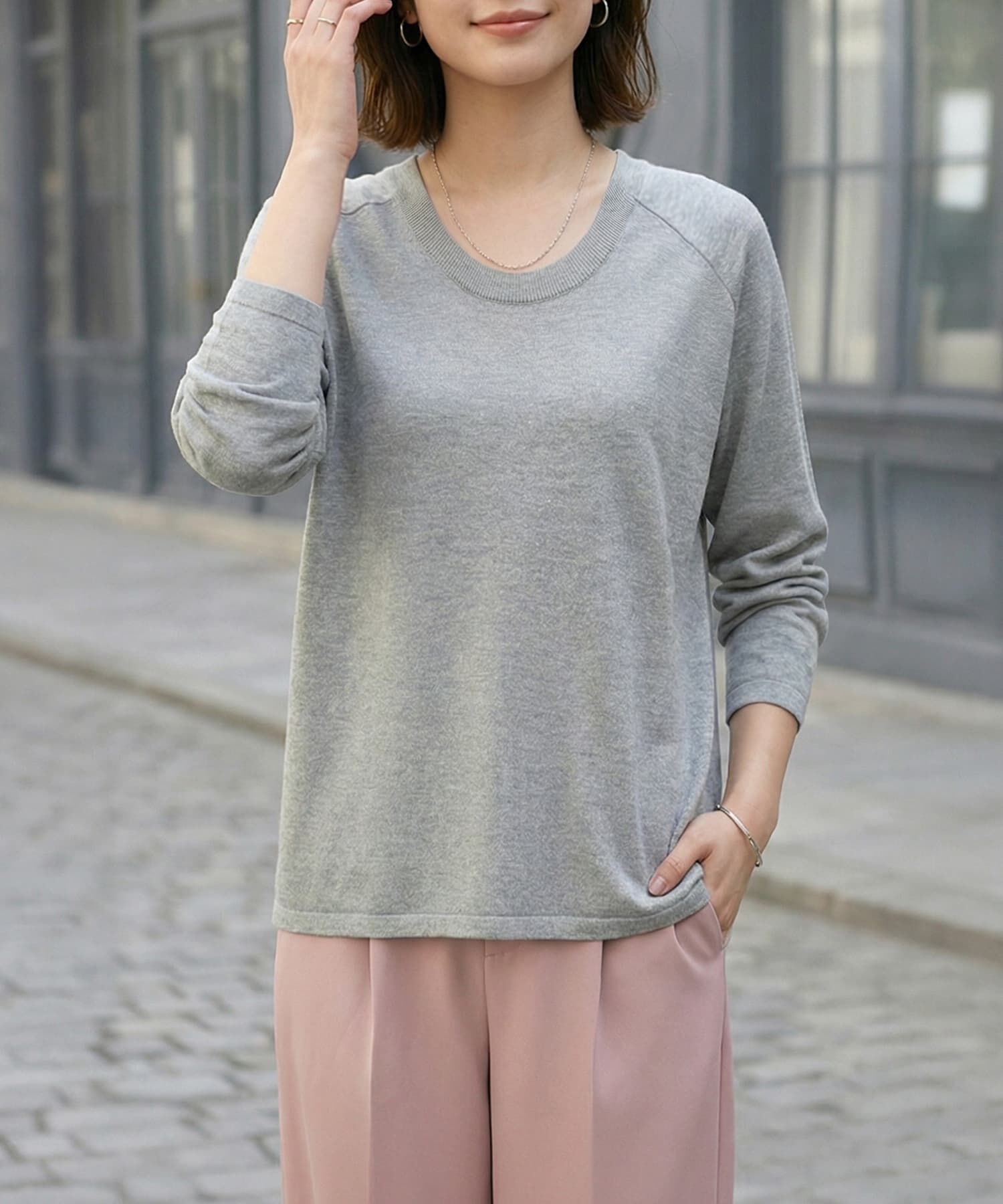 STYLE DELI「サラッと綿混Uネックニットトップス」|ニット・セーター|ライトグレー