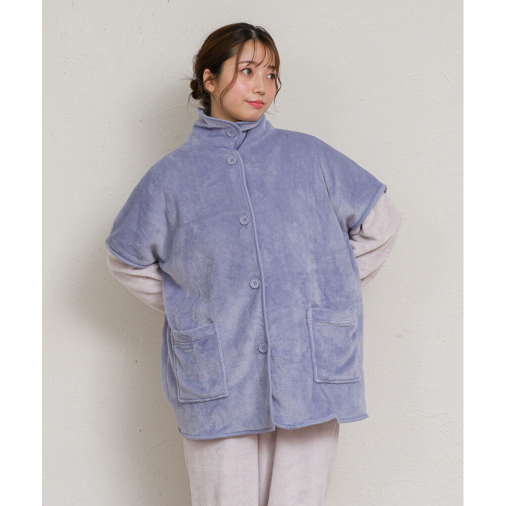 BACKYARD FAMILY「ブランケットローブ ショート丈 通販 ローブ ブランケット レディース 前開き フロントボタン」|ルームウェア|パープル1