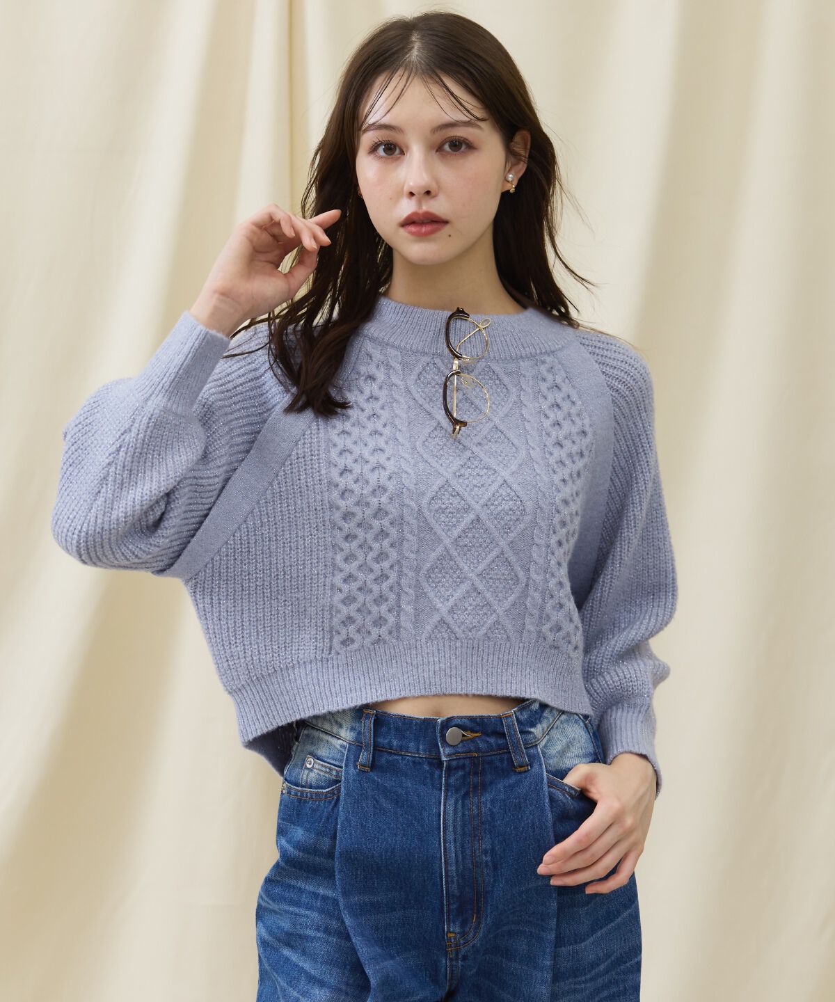 アンドクチュール「ラメケーブルクロップドプルオーバー」|ニット・セーター|