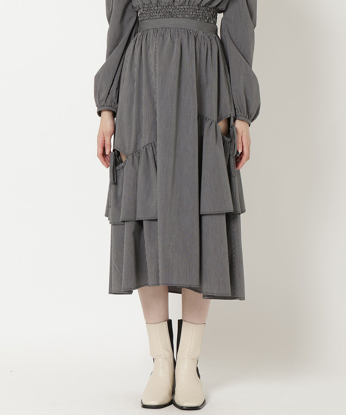 REDYAZEL「ストライプレッグ開きスカート」|フレア|
