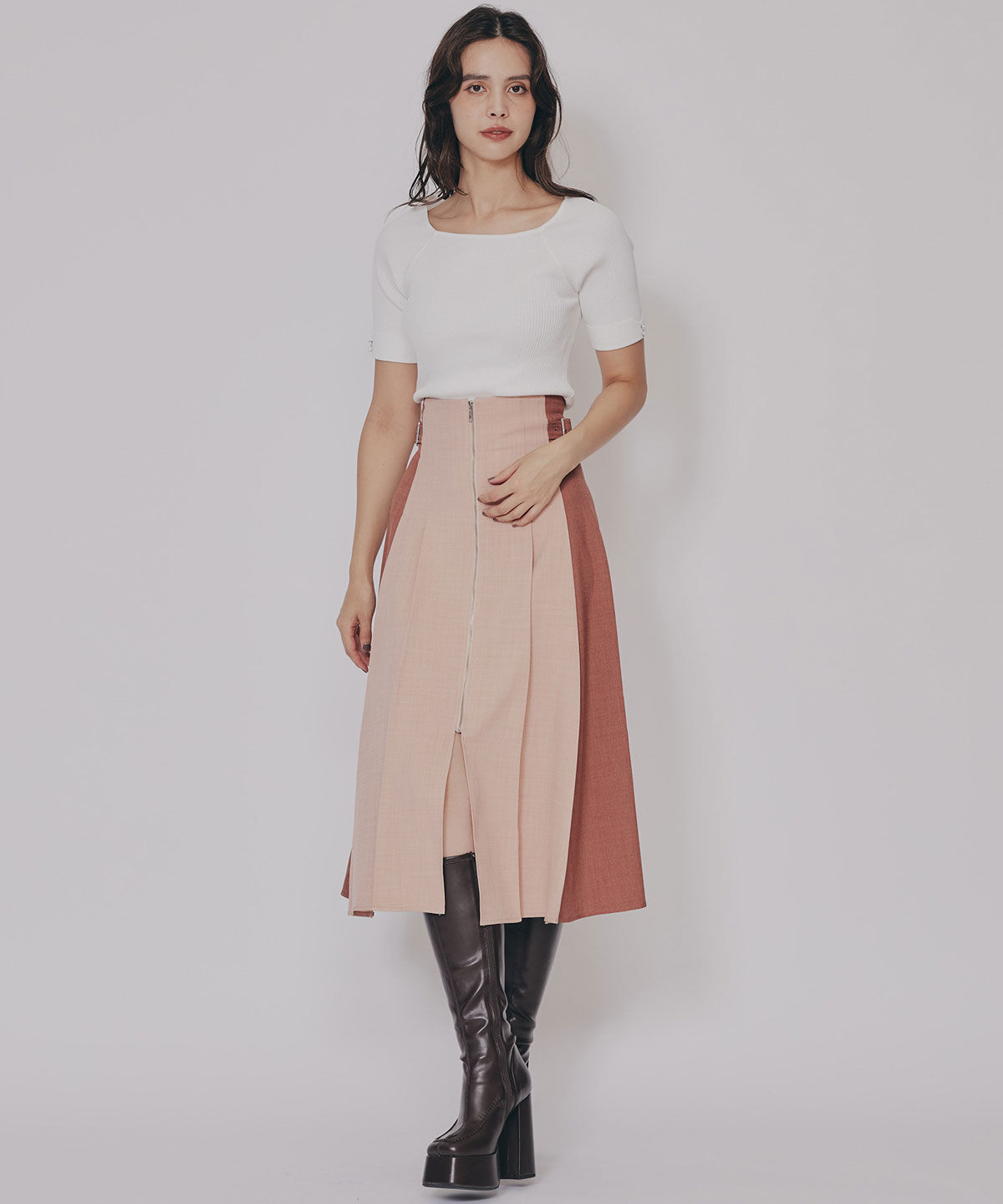 REDYAZEL「フロントジップバイカラーミディスカート」|フレア|