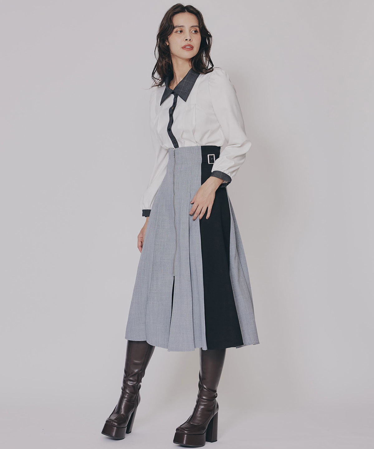 REDYAZEL「フロントジップバイカラーミディスカート」|フレア|