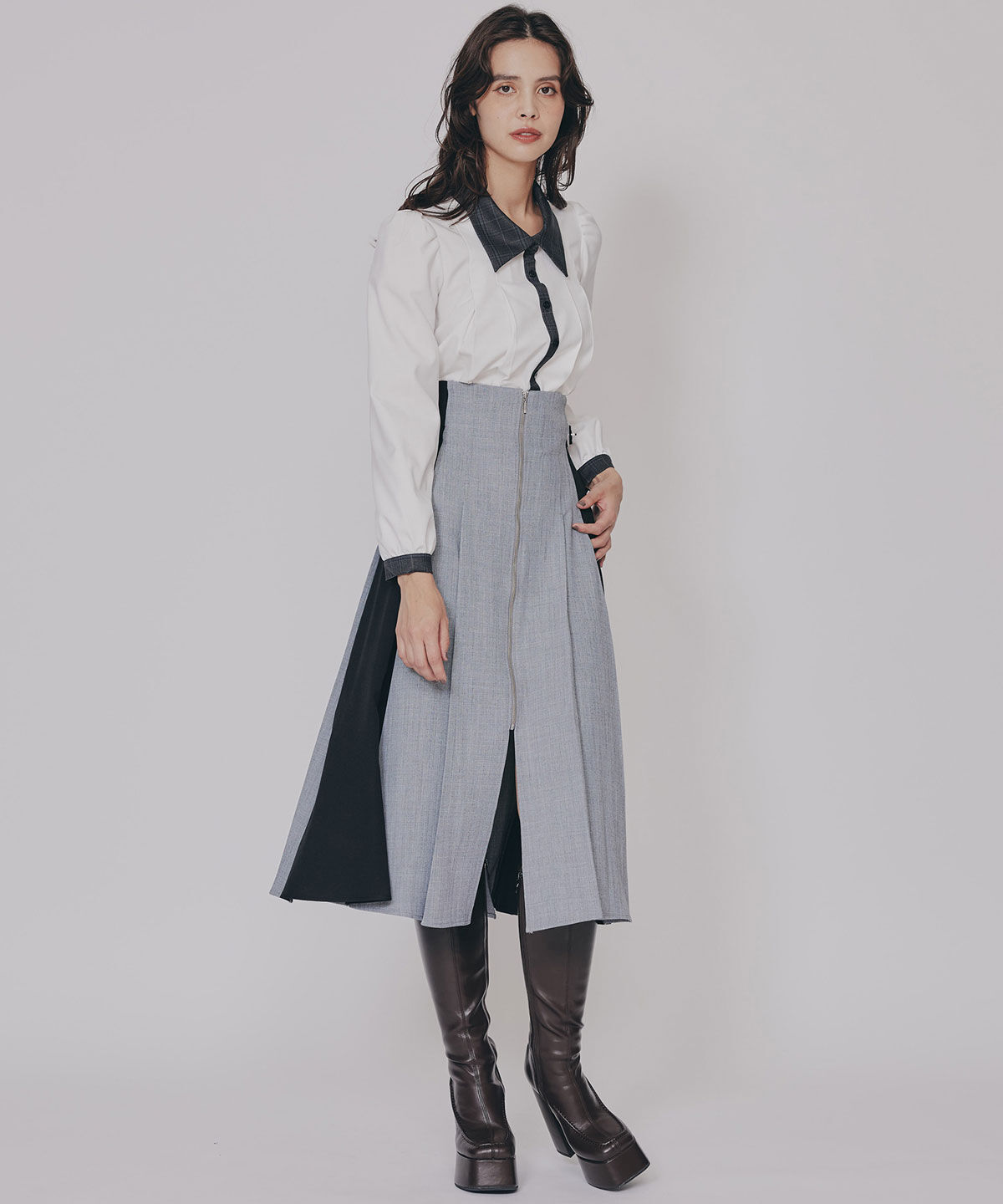 REDYAZEL「フロントジップバイカラーミディスカート」|フレア|