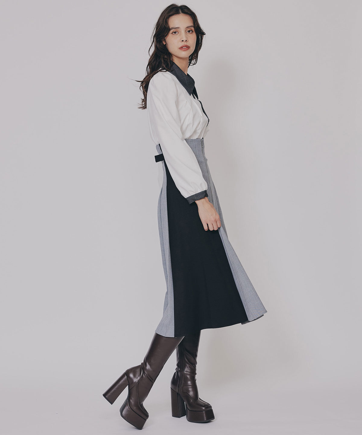 REDYAZEL「フロントジップバイカラーミディスカート」|フレア|