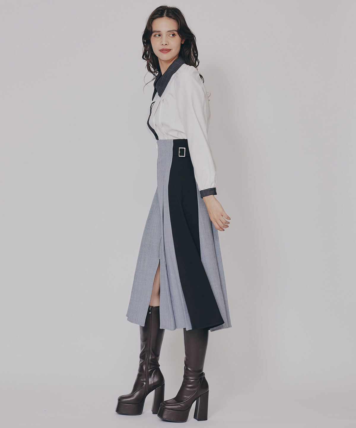 REDYAZEL「フロントジップバイカラーミディスカート」|フレア|