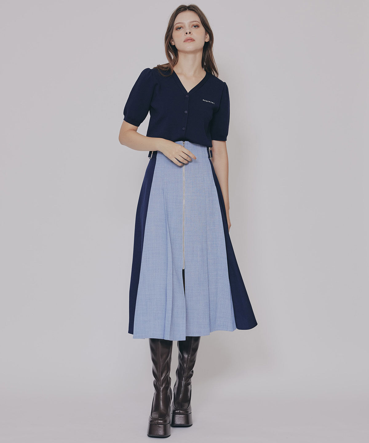 REDYAZEL「フロントジップバイカラーミディスカート」|フレア|