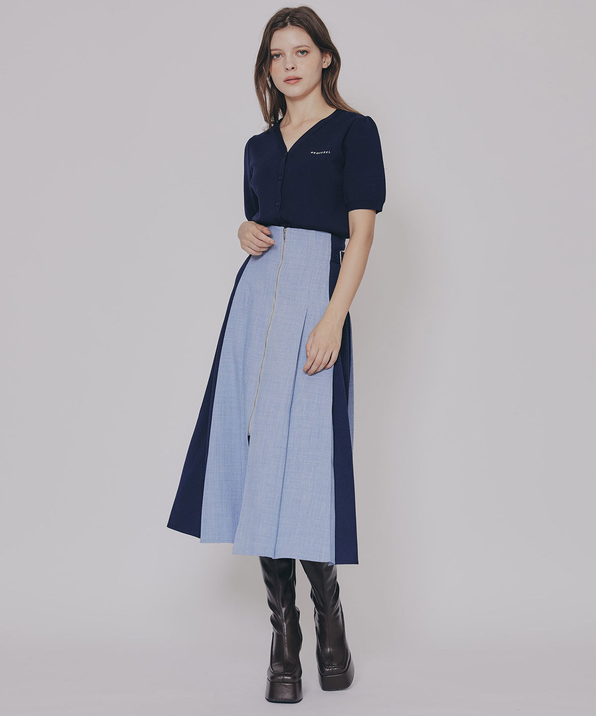 REDYAZEL「フロントジップバイカラーミディスカート」|フレア|