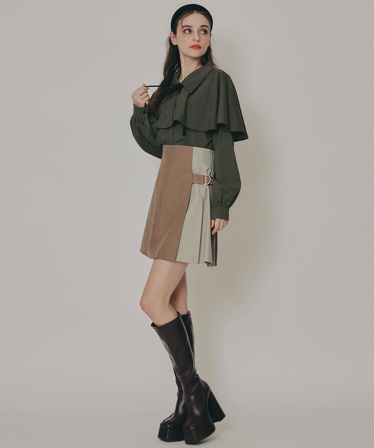 REDYAZEL「バイカラーアシメプリーツミニスカート」|フレア|