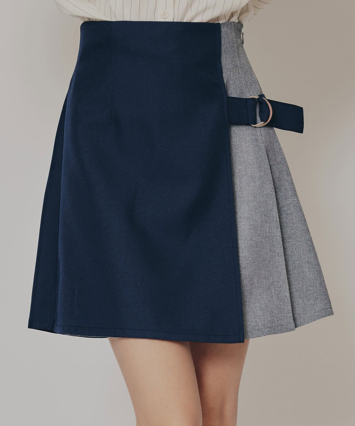 REDYAZEL「バイカラーアシメプリーツミニスカート」|フレア|ネイビー