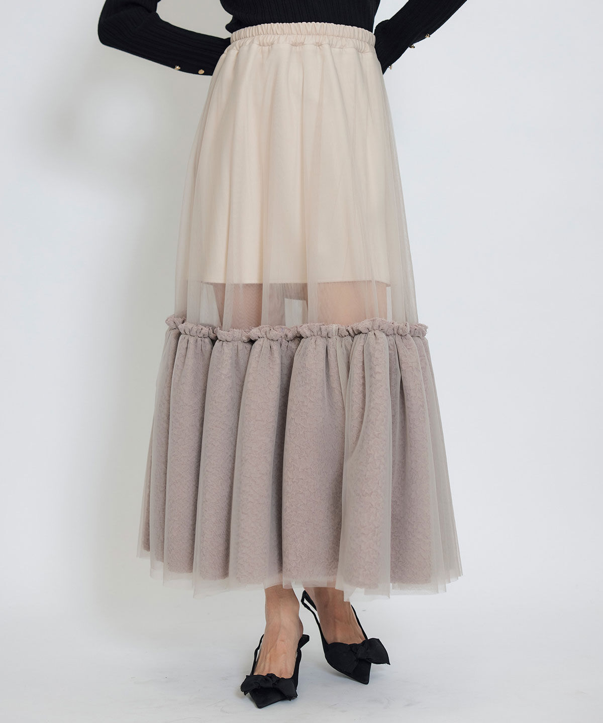 REDYAZEL「ボリュームシアーチュールフレアロングスカート」|フレア|ピンク