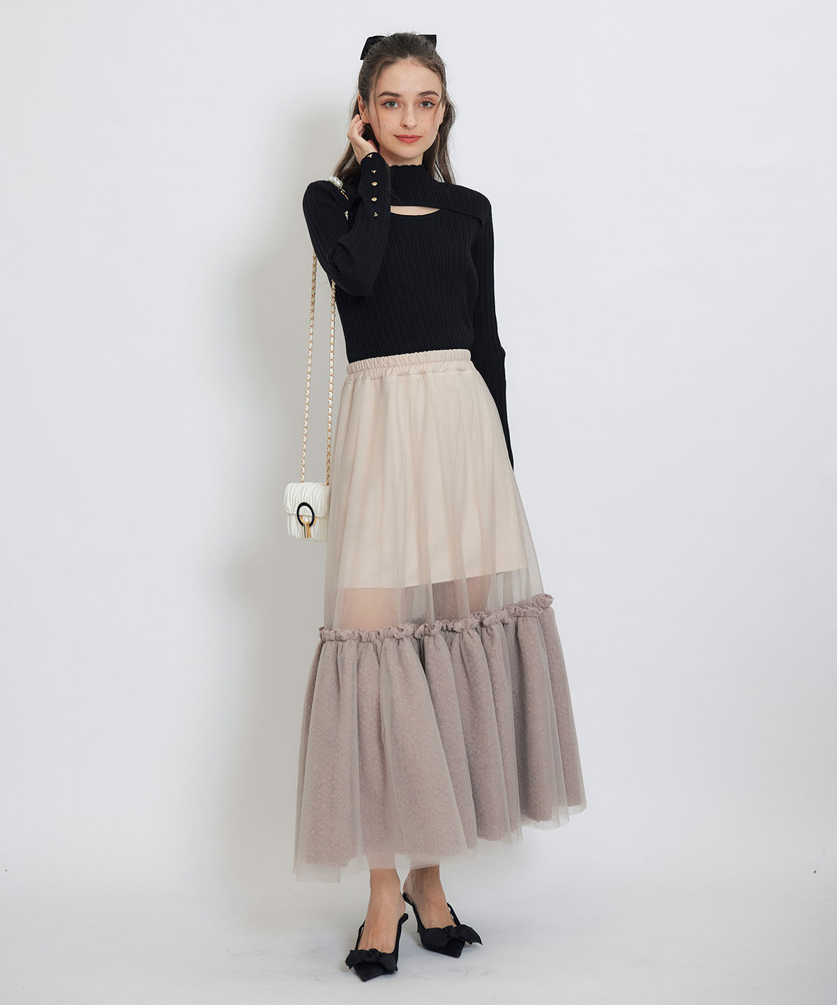 REDYAZEL「ボリュームシアーチュールフレアロングスカート」|フレア|