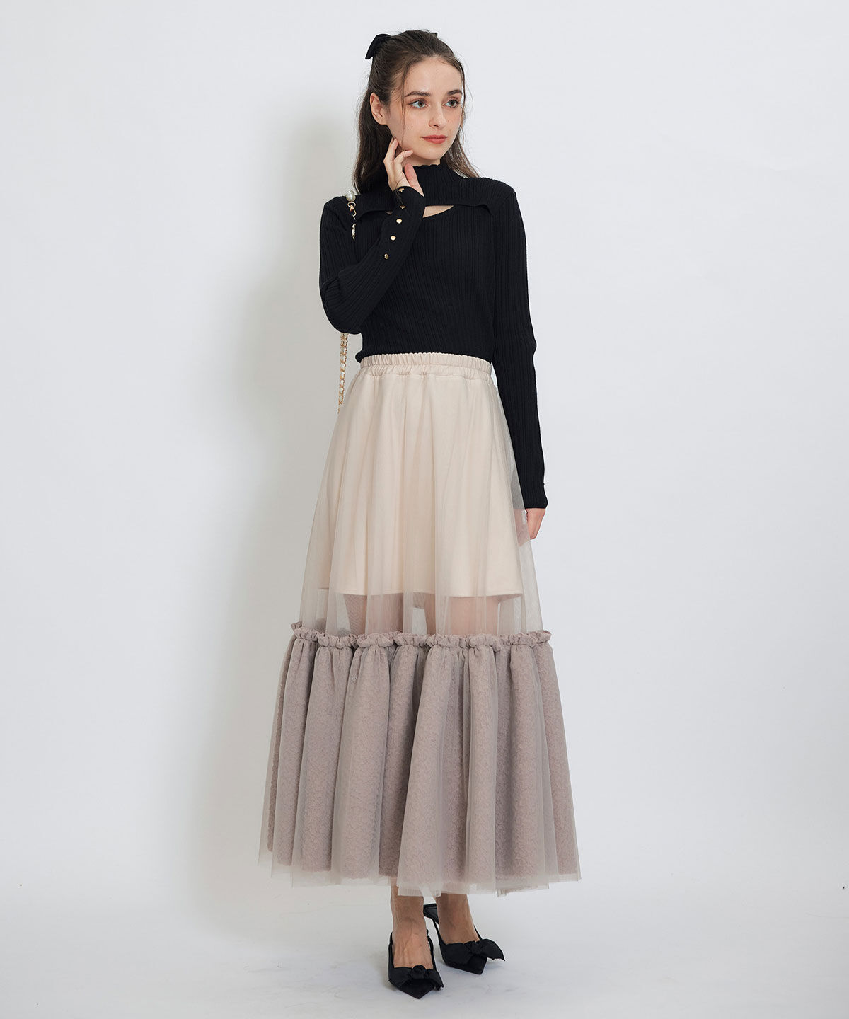 REDYAZEL「ボリュームシアーチュールフレアロングスカート」|フレア|