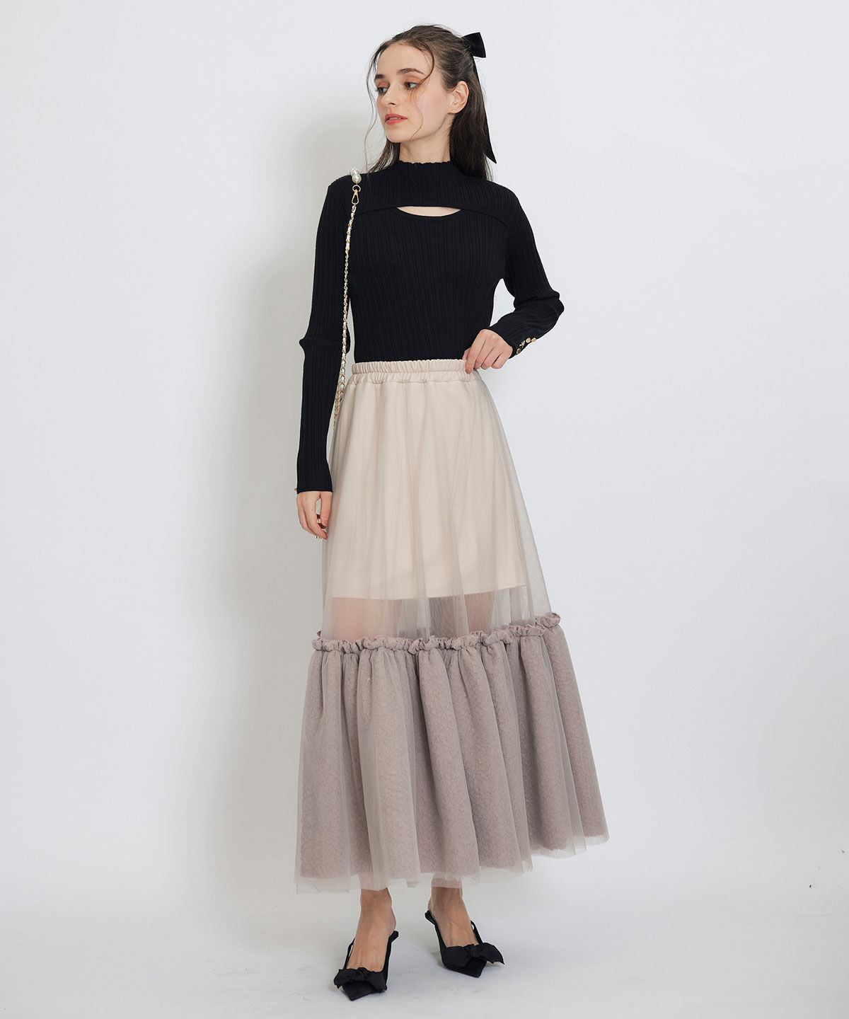 REDYAZEL「ボリュームシアーチュールフレアロングスカート」|フレア|
