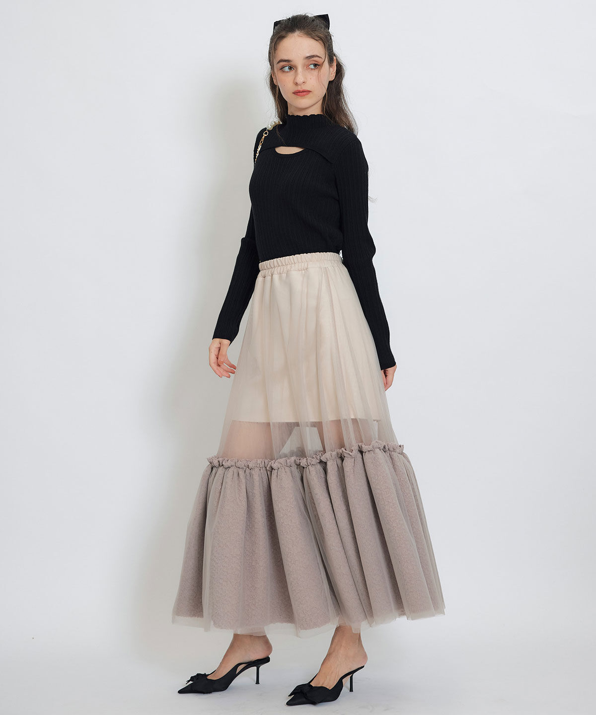 REDYAZEL「ボリュームシアーチュールフレアロングスカート」|フレア|