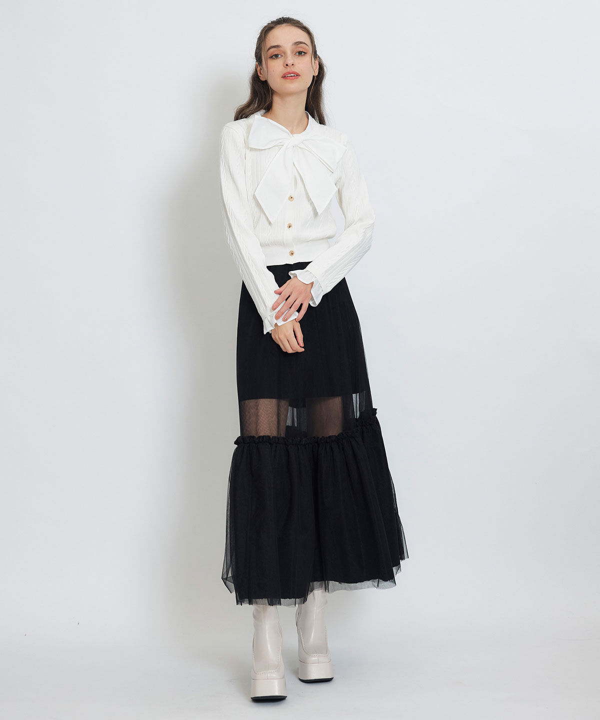 REDYAZEL「ボリュームシアーチュールフレアロングスカート」|フレア|