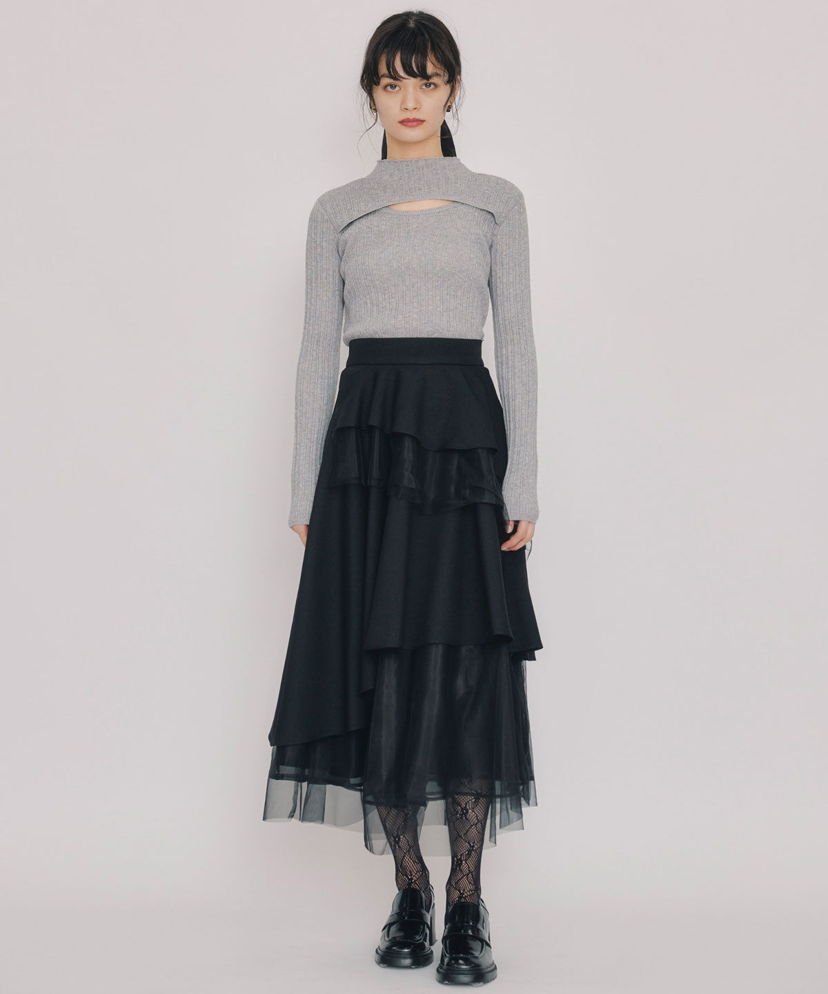 REDYAZEL「シアーMIXティアードロングスカート」|フレア|