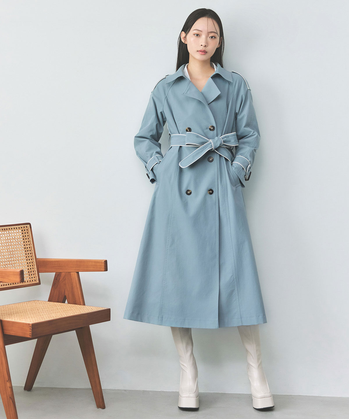 REDYAZEL「バックベルトデザインパイピングロングトレンチコート」|トレンチコート|サックス
