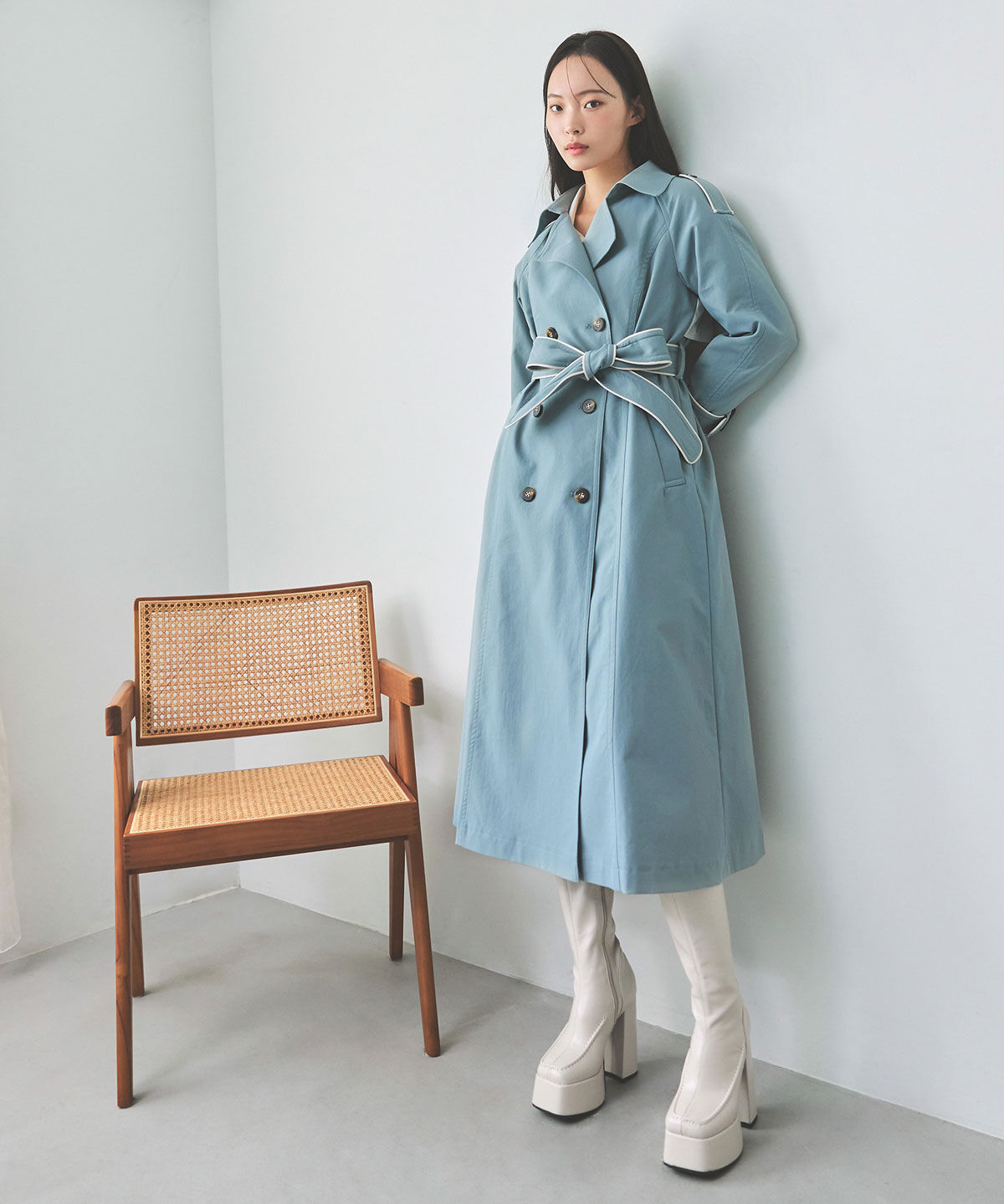 REDYAZEL「バックベルトデザインパイピングロングトレンチコート」|トレンチコート|