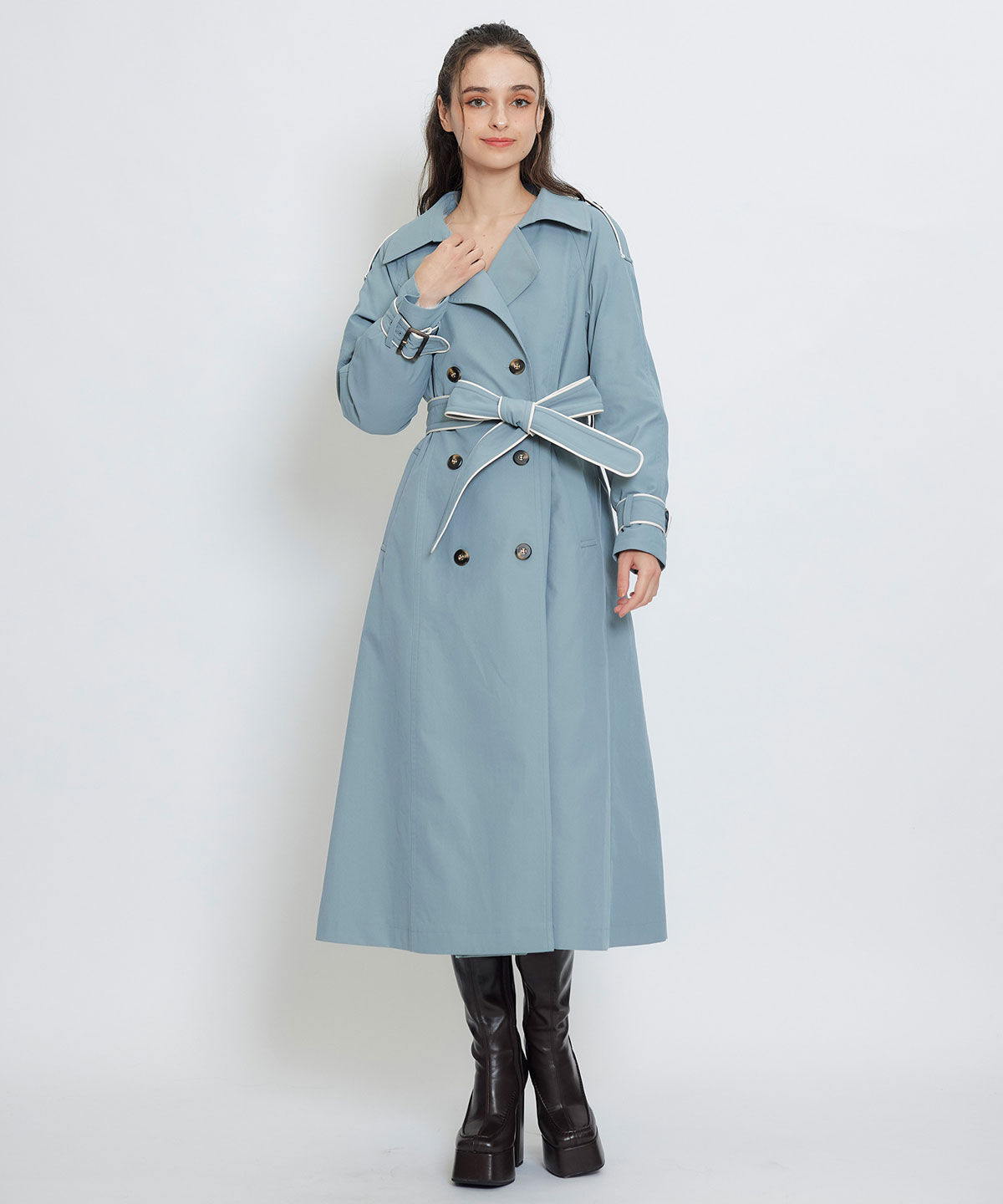 REDYAZEL「バックベルトデザインパイピングロングトレンチコート」|トレンチコート|