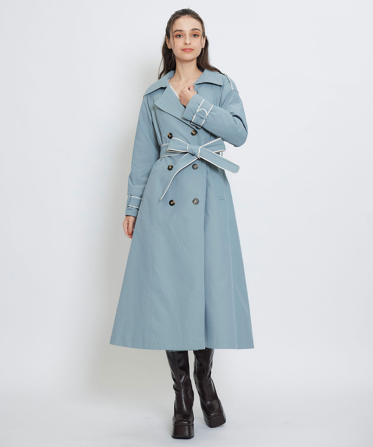 REDYAZEL「バックベルトデザインパイピングロングトレンチコート」|トレンチコート|