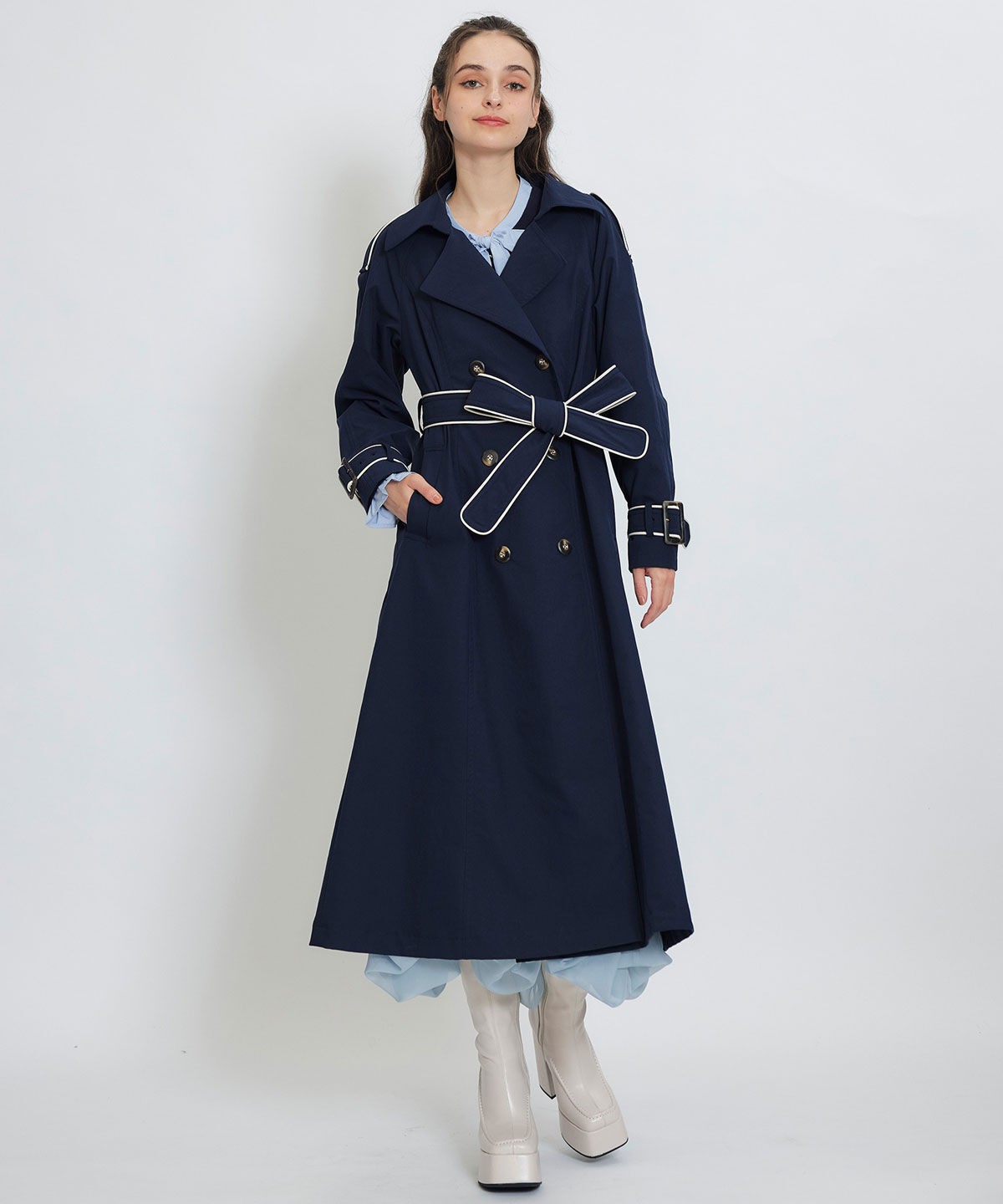 REDYAZEL「バックベルトデザインパイピングロングトレンチコート」|トレンチコート|ネイビー