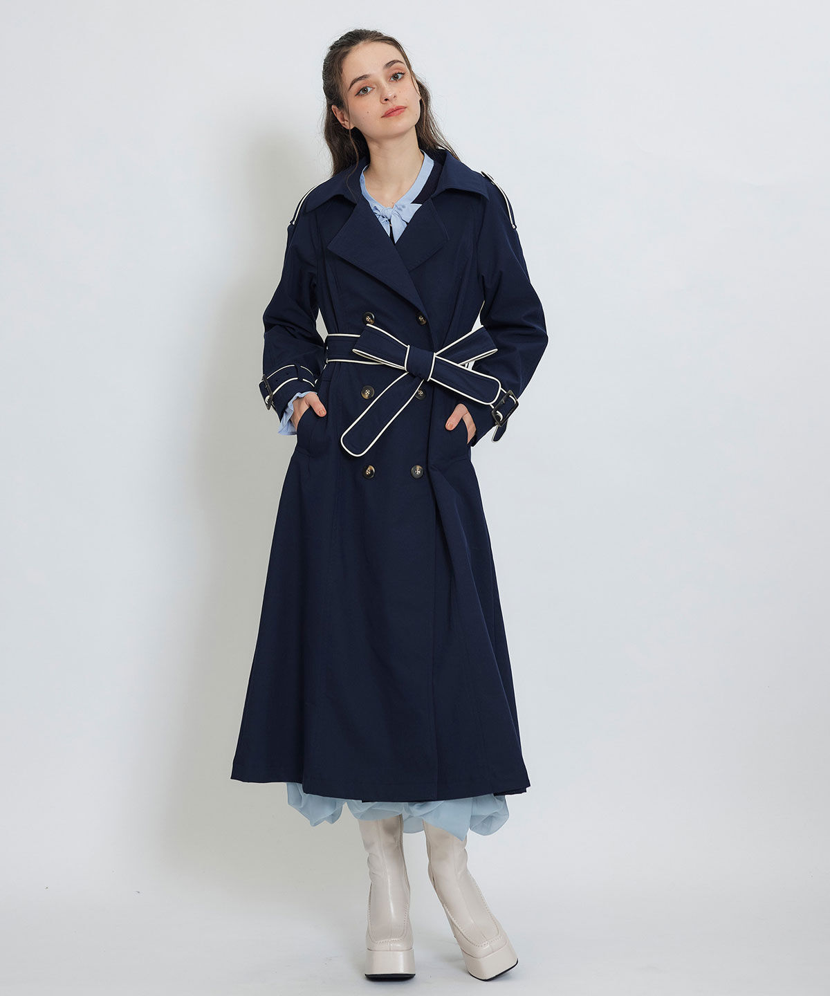 REDYAZEL「バックベルトデザインパイピングロングトレンチコート」|トレンチコート|