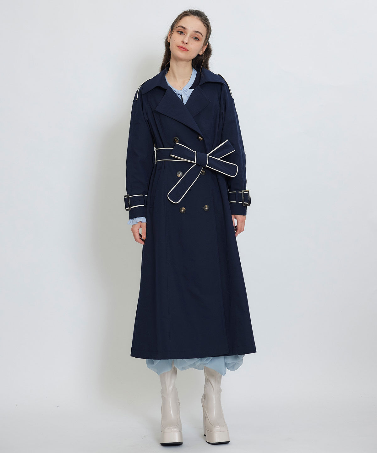REDYAZEL「バックベルトデザインパイピングロングトレンチコート」|トレンチコート|