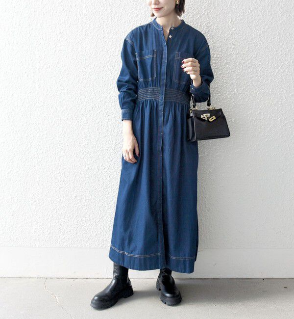 SHIPS any「SHIPS any: シャーリング デニム ポケット ワンピース ［SHIPS any DENIM］」|ワンピース|ネイビー