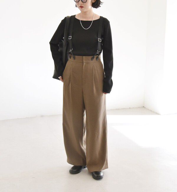 quaranciel「quaranciel:〈洗濯機可能〉チェック サスペンダー付 タック ワイド パンツ」|スラックス|