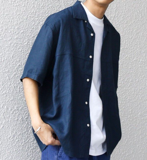 SHIPS any「SHIPS any:〈洗濯機可能〉NOVELTEX リネン オープンカラーシャツ(セットアップ対応)◇」|シャツ・ブラウス|ネイビー