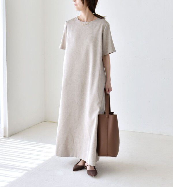 quaranciel「《予約》quaranciel:〈洗濯機可能〉リネンライク Aライン クルーネック ロング ワンピース」|ワンピース|
