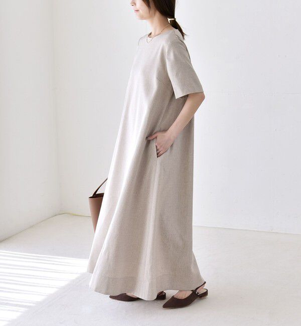 quaranciel「《予約》quaranciel:〈洗濯機可能〉リネンライク Aライン クルーネック ロング ワンピース」|ワンピース|